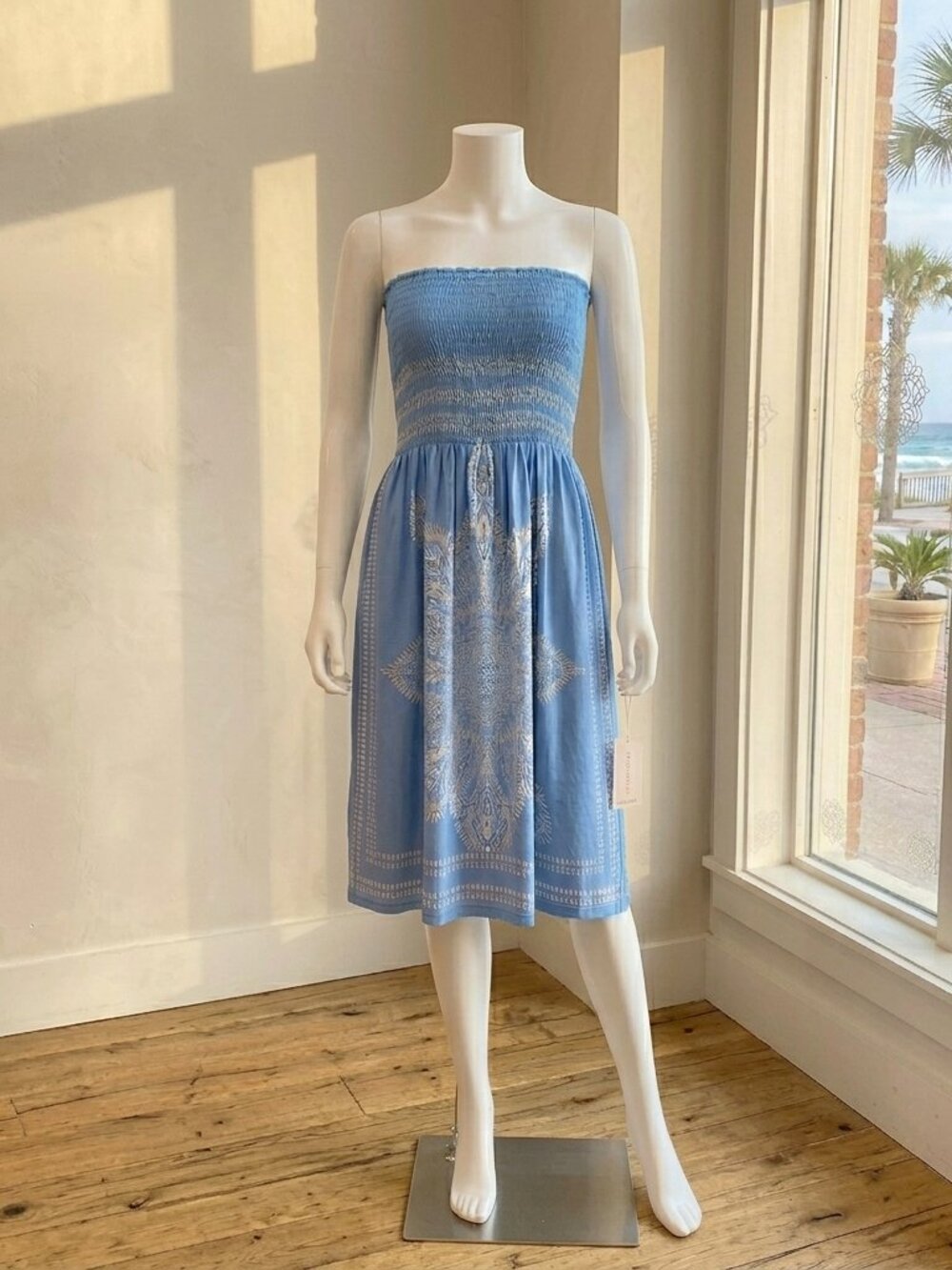 Blue Smocked Strapless Sun Dress / Multi-way Maxi Skirt